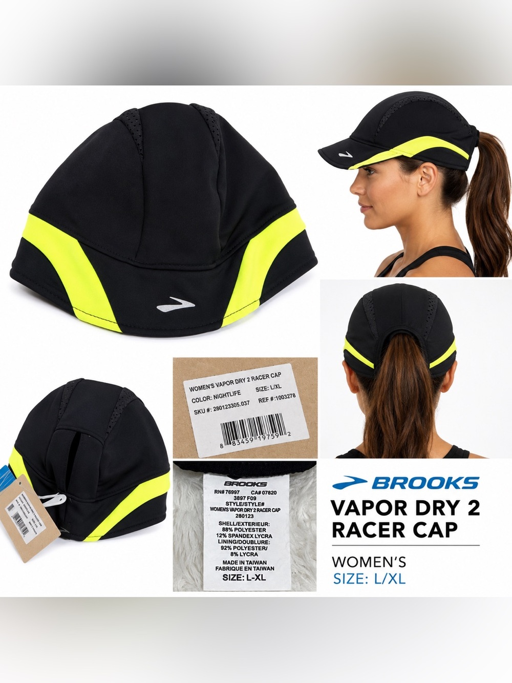 Brooks Women’s Vapor Dry 2 Racer Running Cap Hat Black Neon Yellow L/XL NWT